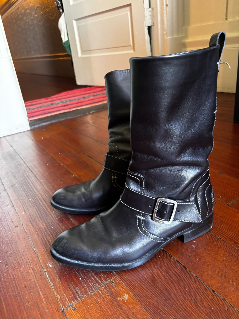 Tod's Black Leather Engineer Boots Contrast Stitching 9